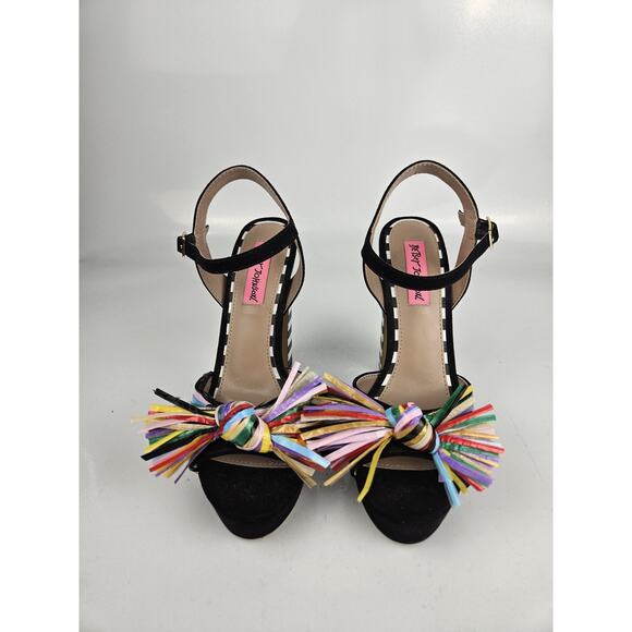 BETSEY JOHNSON‎ Womens Size 6.5 Mandy Design Striped Pom Pom Platform Heels